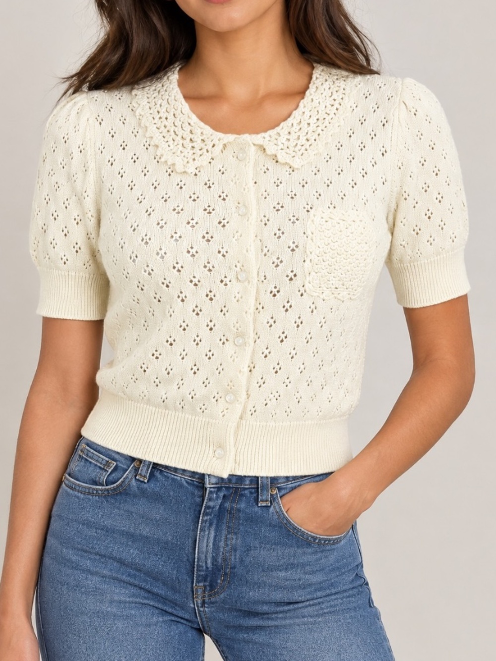 Olivia By Livro Women's Sz M Short Sleeve Cream Cropped Cardigan Sweater Fall
